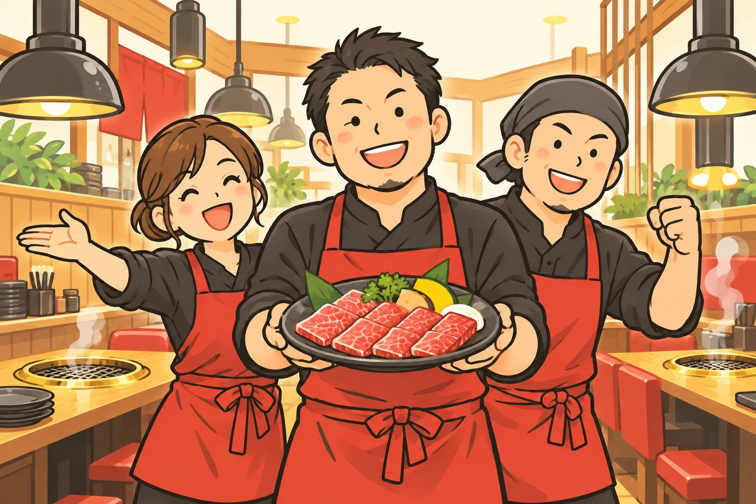 焼肉のお皿を持ち、笑顔で迎えるスタッフたちのイラスト
