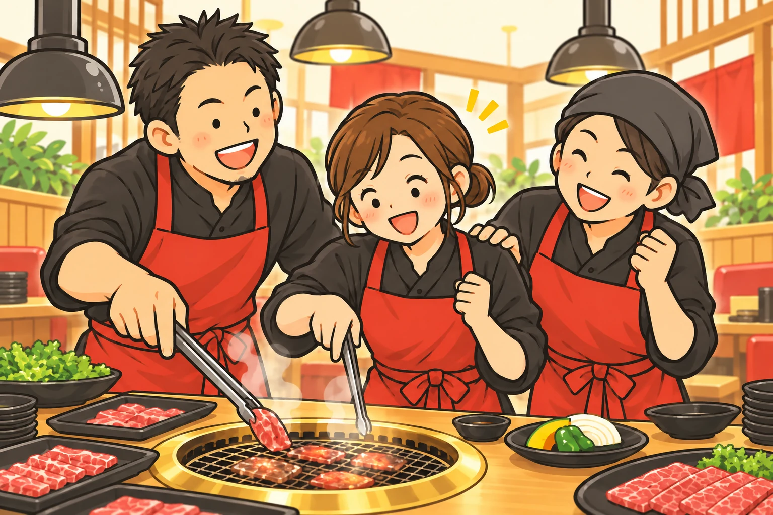 先輩に教わりながら焼肉の仕事を覚える若いスタッフのイラスト