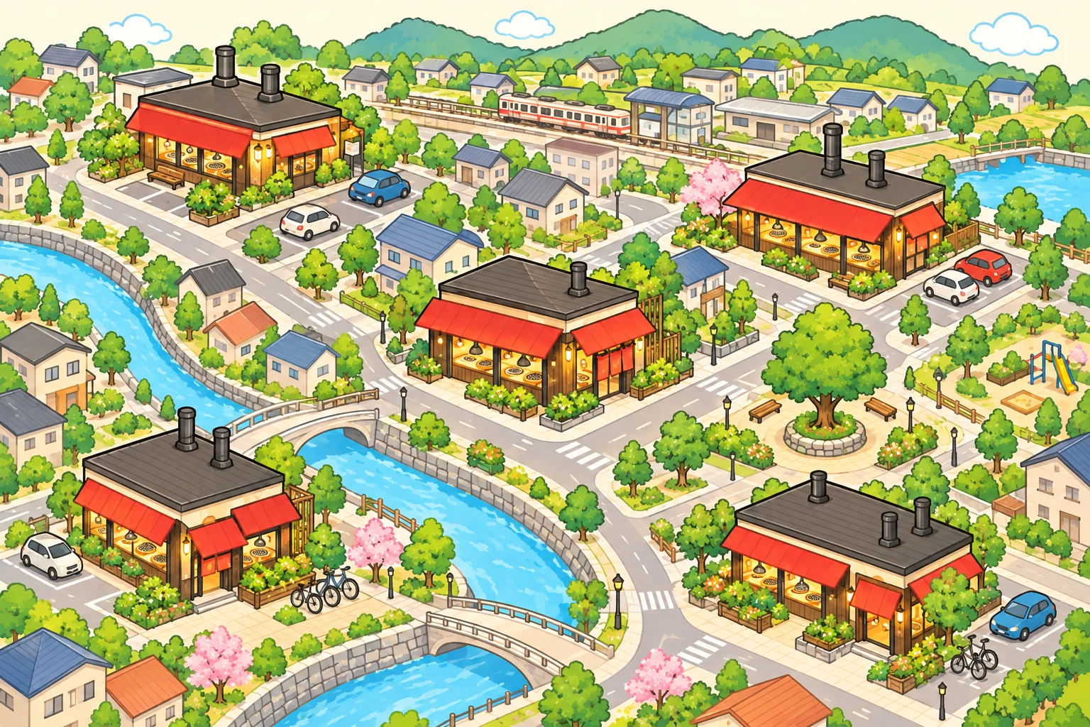 緑のある街に焼肉店が並ぶイメージイラスト。実際の地図ではありません