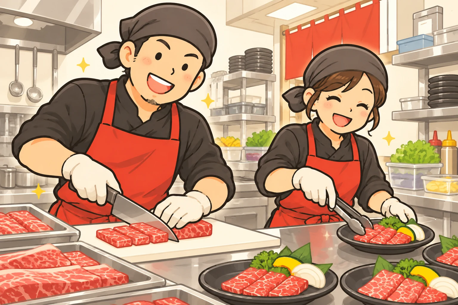 厨房で先輩と一緒に仕込みをするスタッフのイラスト