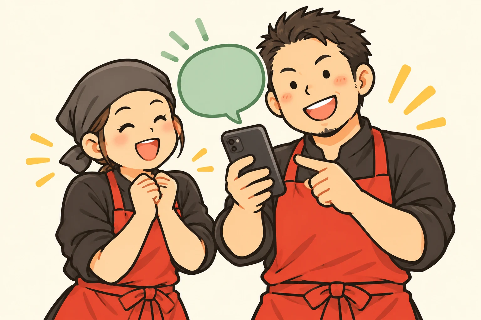 スマートフォンを見ながら笑顔で相談するスタッフのイラスト